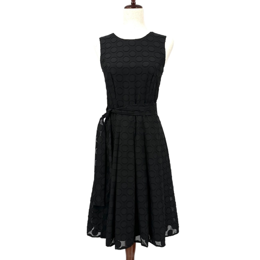 TOMMY HILFIGER‎ Chiffon Dress Belted Sleeveless Black Dot Knee Length Women's 2